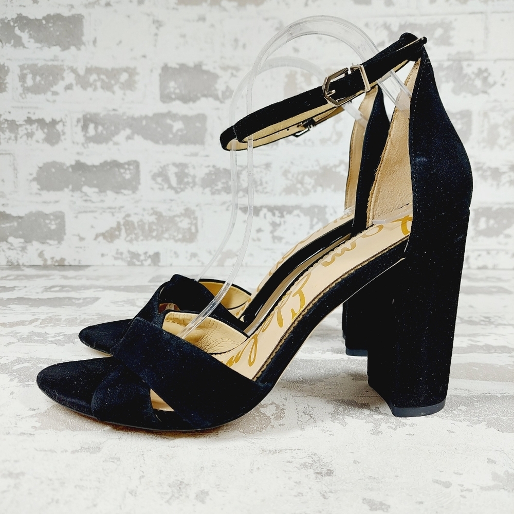 NEW Sam Edelman Yancy Black Suede Open Toe Ankle Strap Heels i394